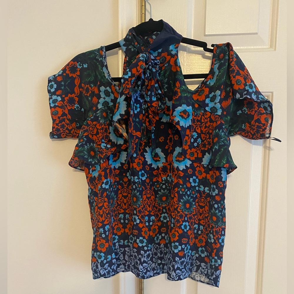 Parker Floral Print Tie Bow Cold Shoulder Blouse SZ XS